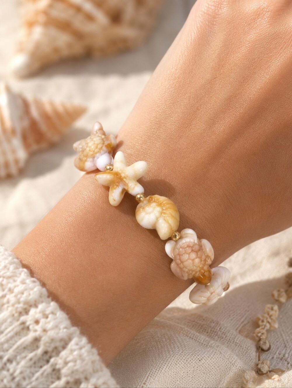 Coastal Seashell Turtle Starfish Stretch Bracelet Beachy Neutral Gold Tone